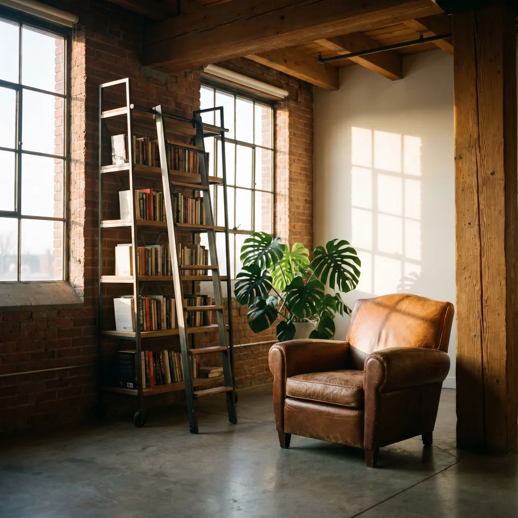 Industrial loft reading corner with a leather armchair