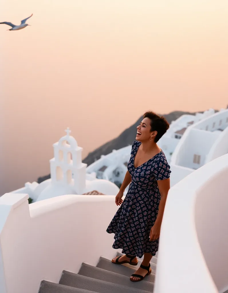 Couple laughing on a whitewashed Santorini staircase