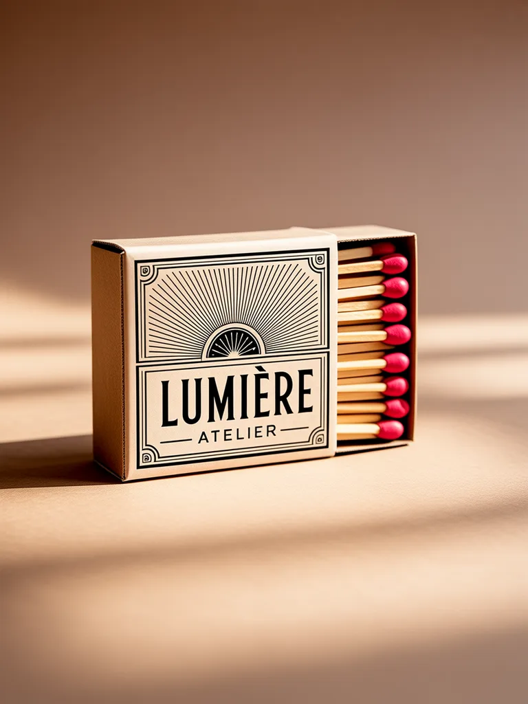 Vintage matchbox design labeled 'LUMIÈRE ATELIER' with an