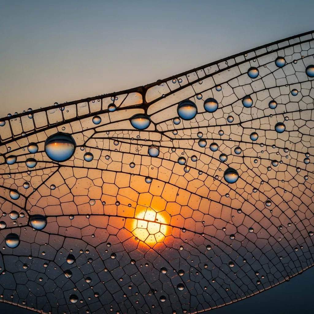 Extreme macro of a dragonfly wing with dew drops refracting