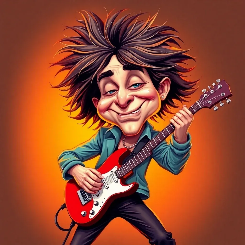 Caricature of a rockstar guitarist mid-solo
