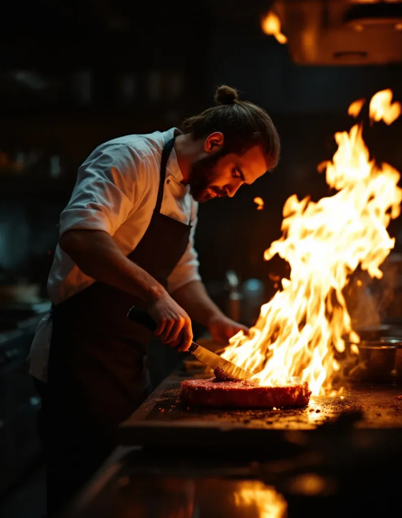 Chef searing a steak with dramatic flame burst in a dark