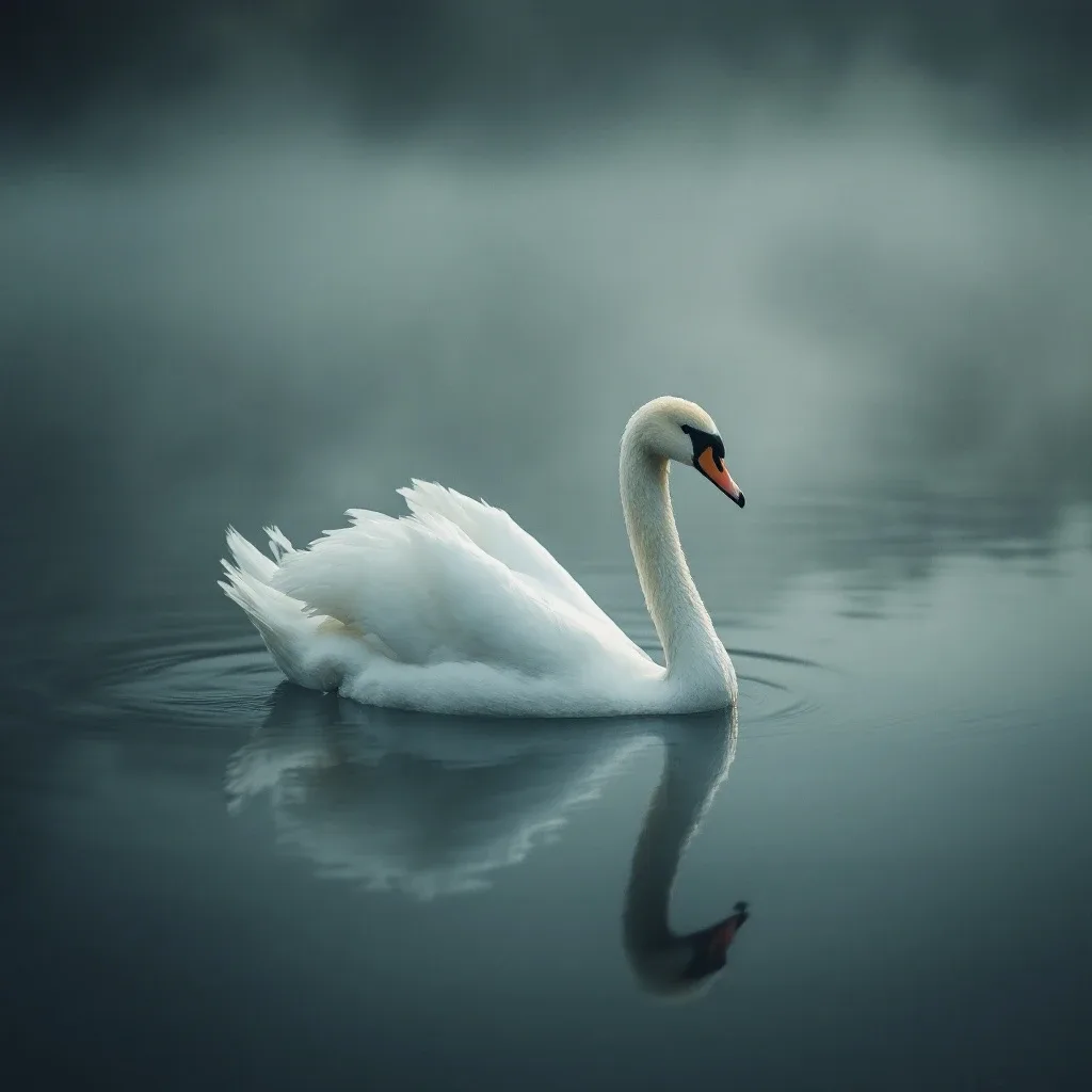 White swan gliding through morning mist on a black-water