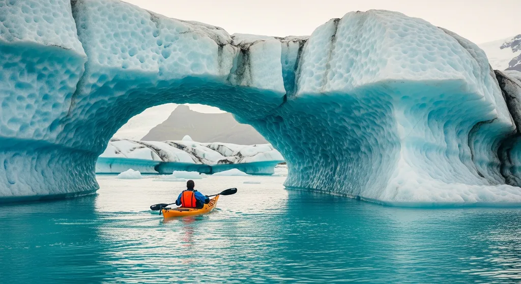 Kayaker gliding through a turquoise glacier lagoon