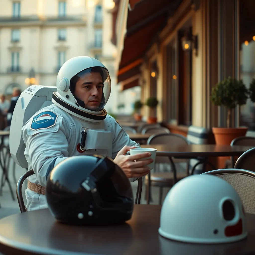 Astronaut having coffee at a Parisian café terrace