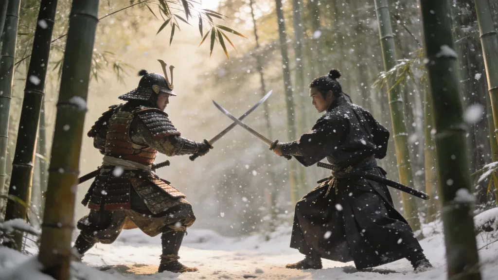 Two samurai facing off in a bamboo grove during falling snow