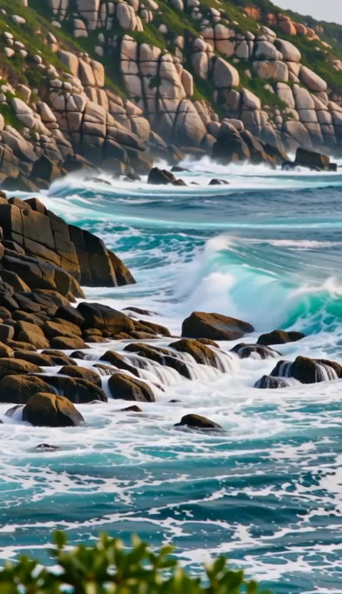 Slow-motion ocean waves crashing on a rocky coastline