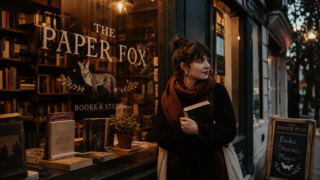 Cozy bookshop storefront at dusk with the sign 'THE PAPER