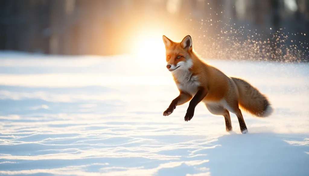 Red fox mid-leap in fresh powder snow