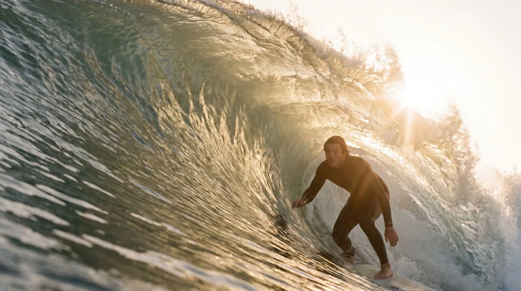 Surfer inside a glassy barrel wave