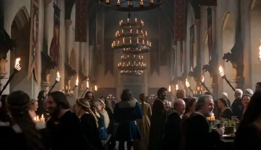 Cinematic dolly through a candlelit medieval feast hall