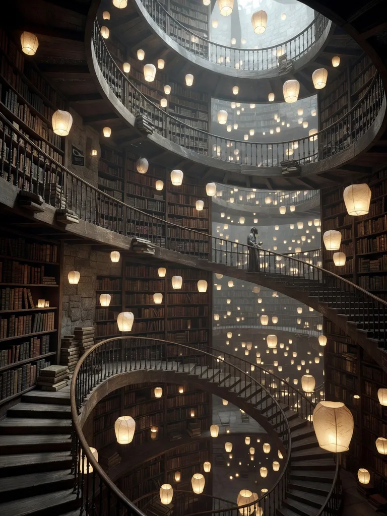 Endless spiral library interior with floating lanterns