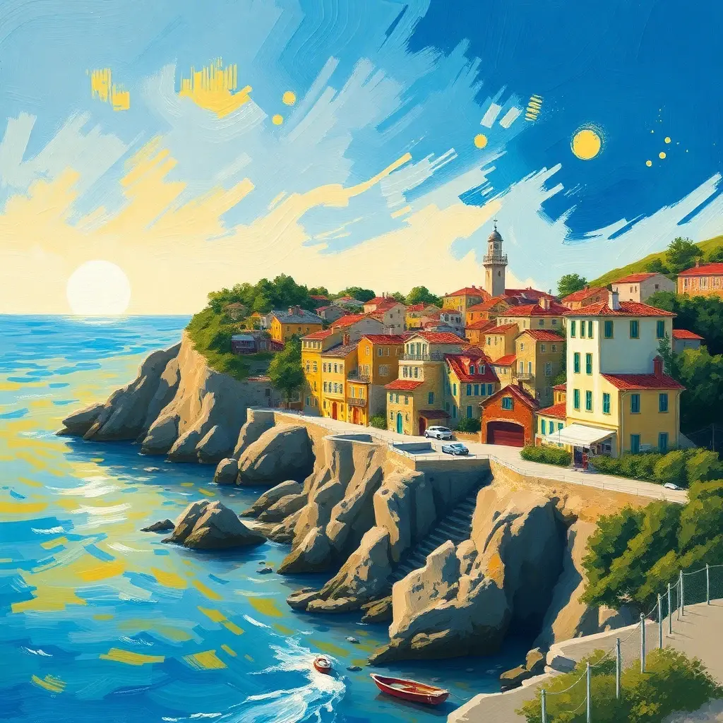 A coastal village rendered in swirling post-impressionist
