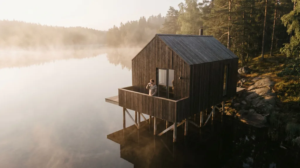 Scandinavian lake house on stilts in morning mist