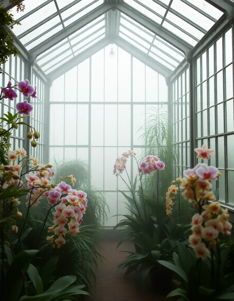 Victorian glass greenhouse interior full of rare orchids