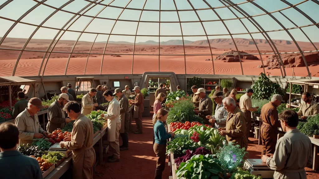 Bustling greenhouse market dome on Mars