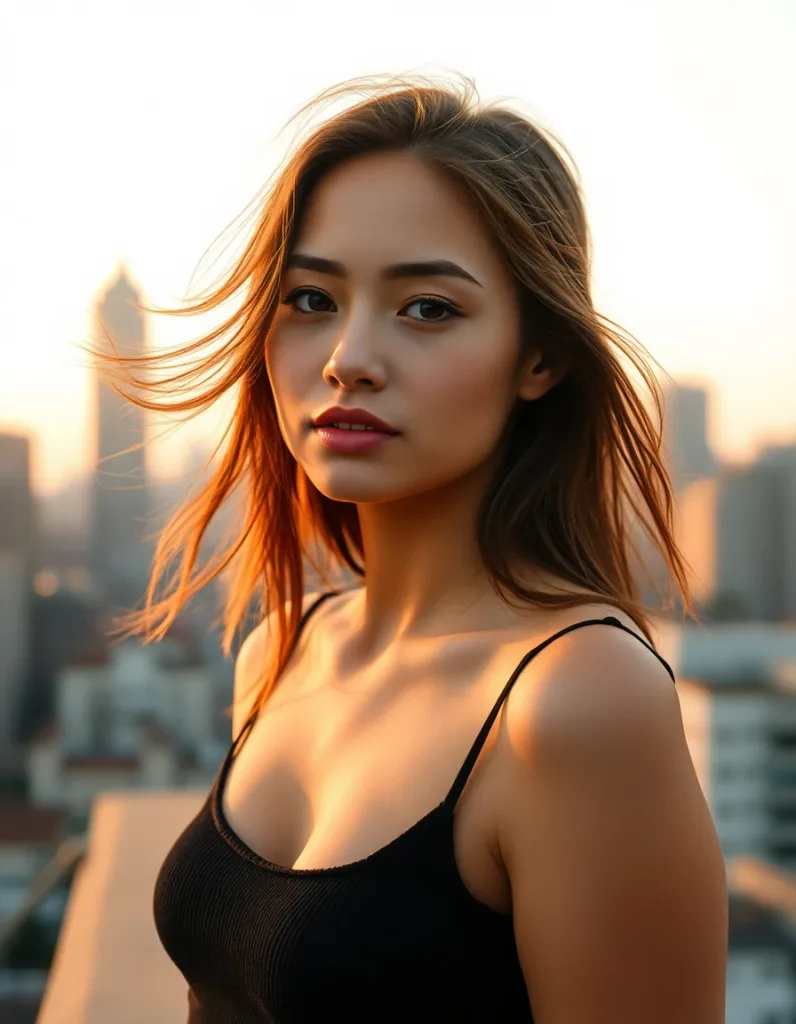 Portrait of a young woman on a city rooftop at golden hour
