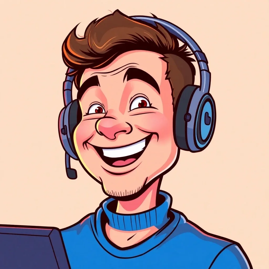 Exaggerated caricature of an enthusiastic gamer with