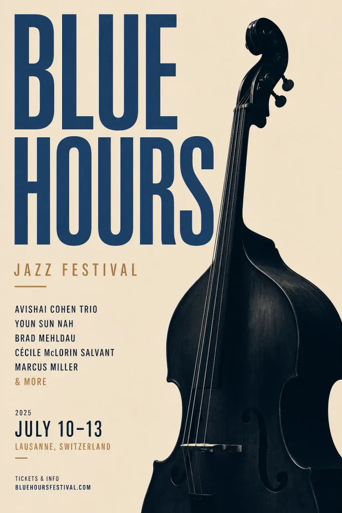 Minimal Swiss-style poster for a jazz festival titled 'BLUE