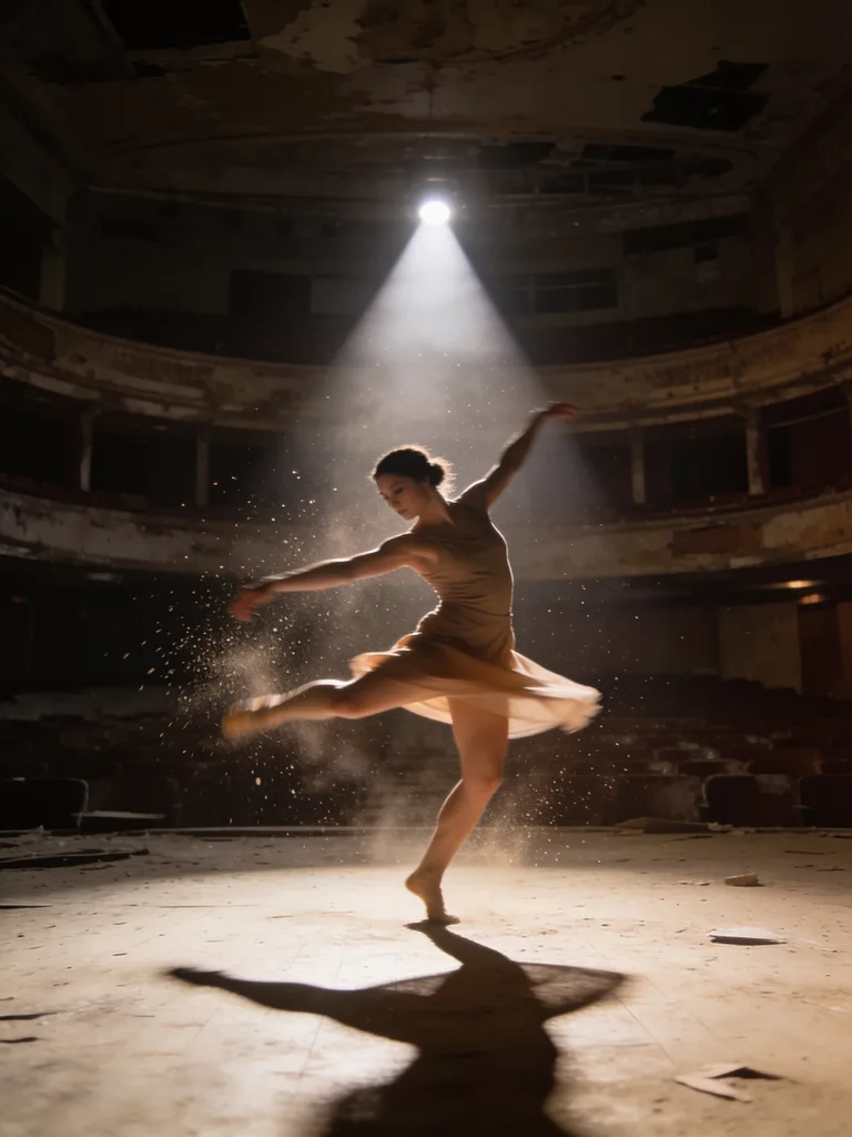 Contemporary dancer mid-spin in an abandoned theatre