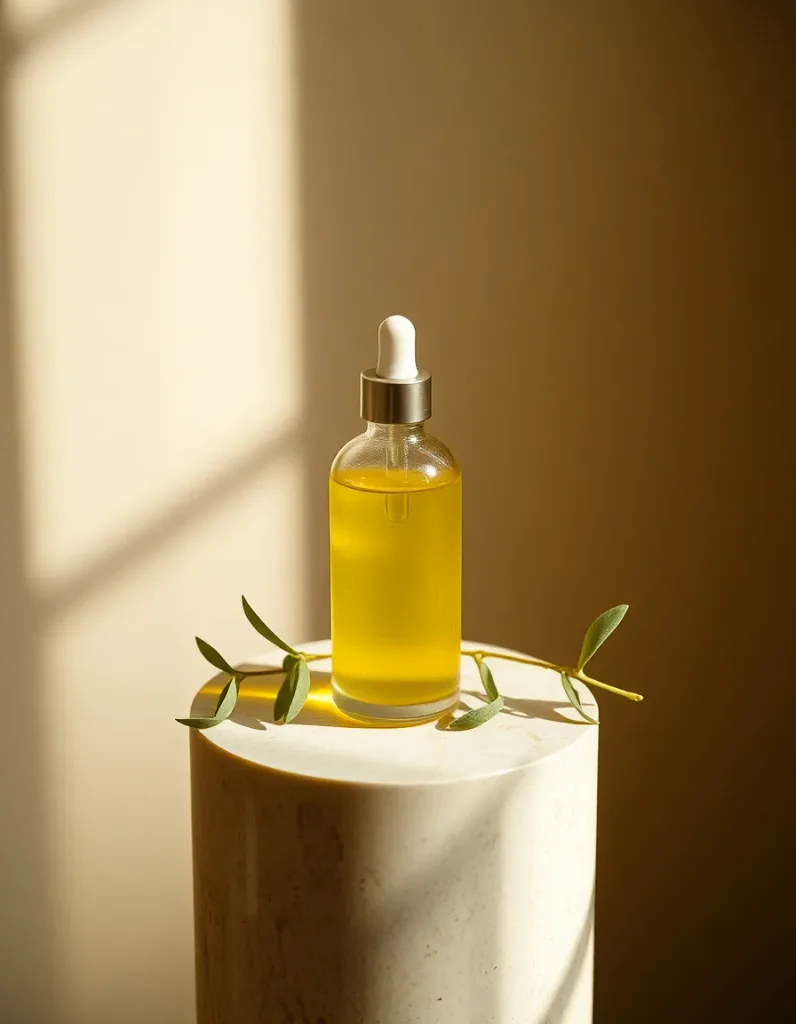 Glass serum dropper bottle on a travertine pedestal