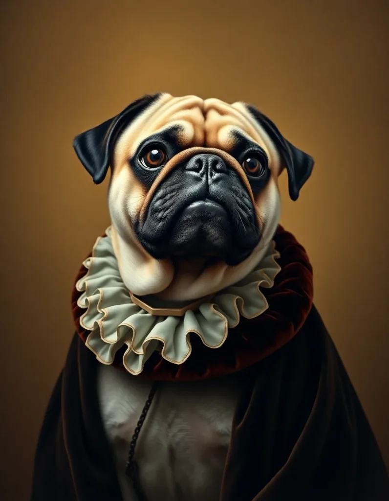 Renaissance oil painting portrait of a regal pug wearing a
