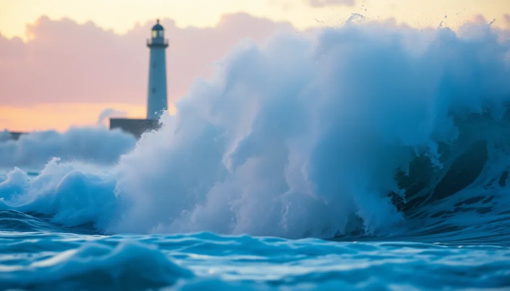Storm waves crashing against a lighthouse at dawn