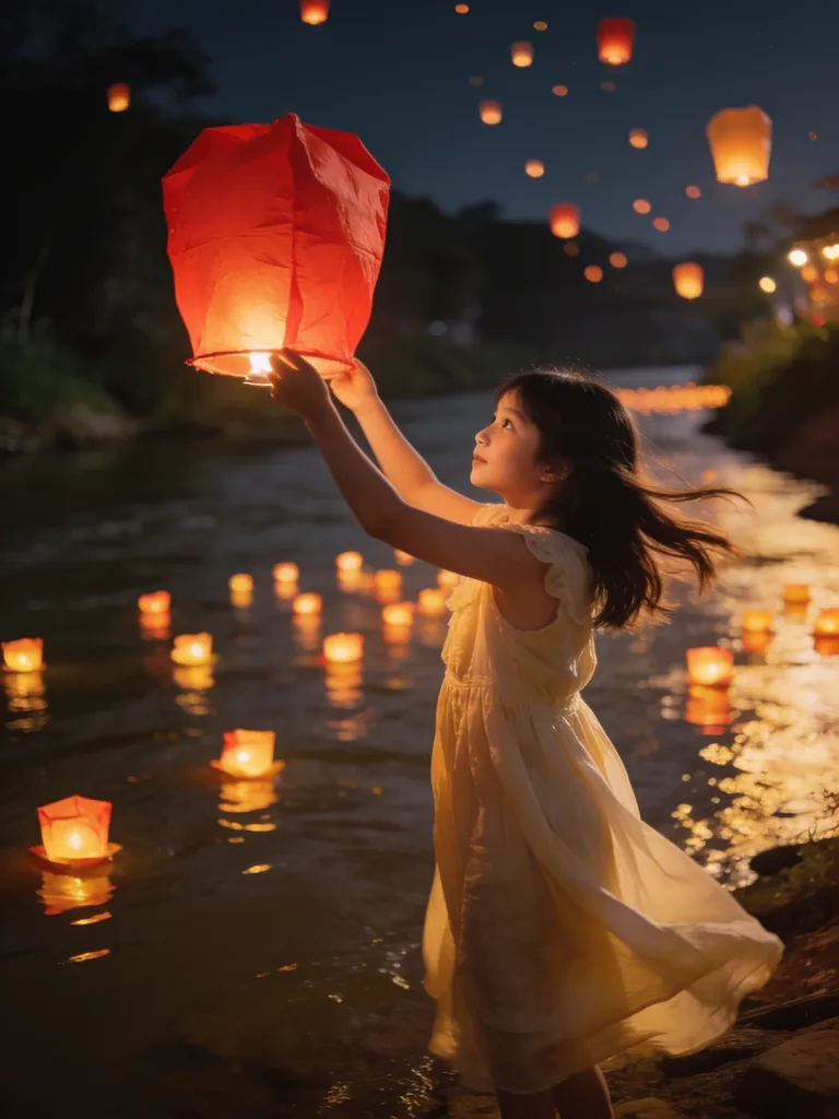 Girl releasing a paper lantern over a night river festival