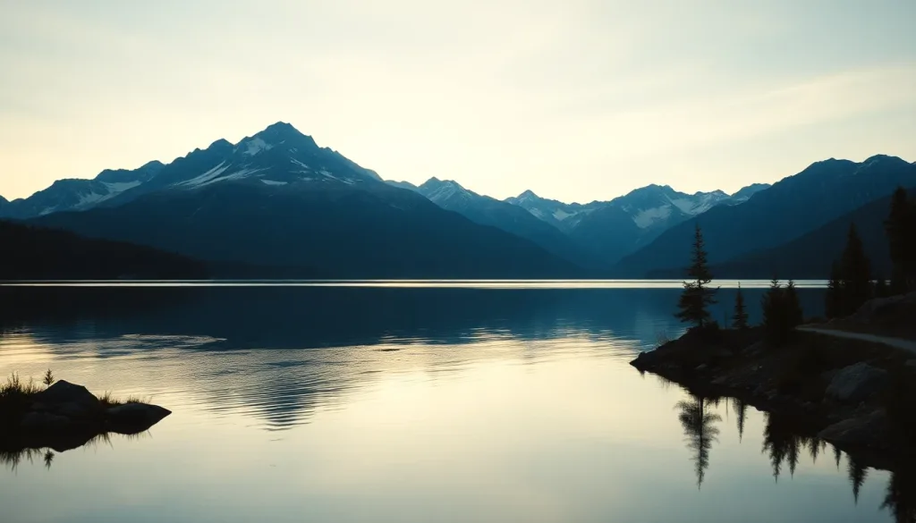 Ultra-sharp mountain lake vista with crisp reflections and