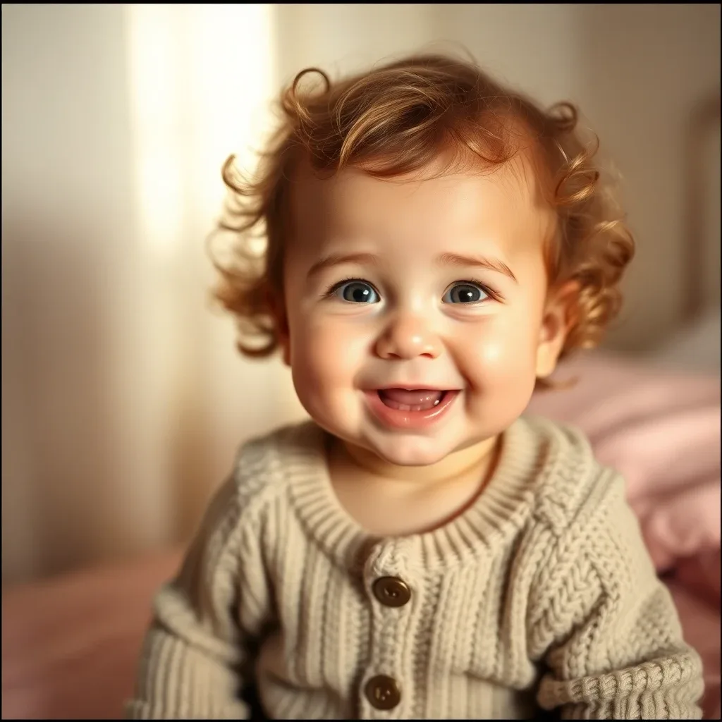 Adorable smiling baby with soft curls in a knit onesie
