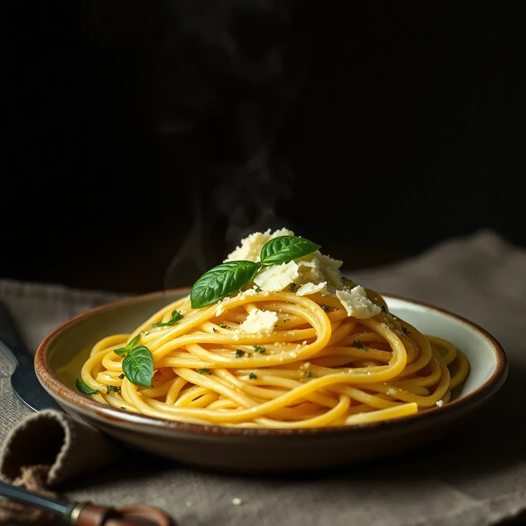 Hand-tossed pasta with basil and shaved parmesan on a