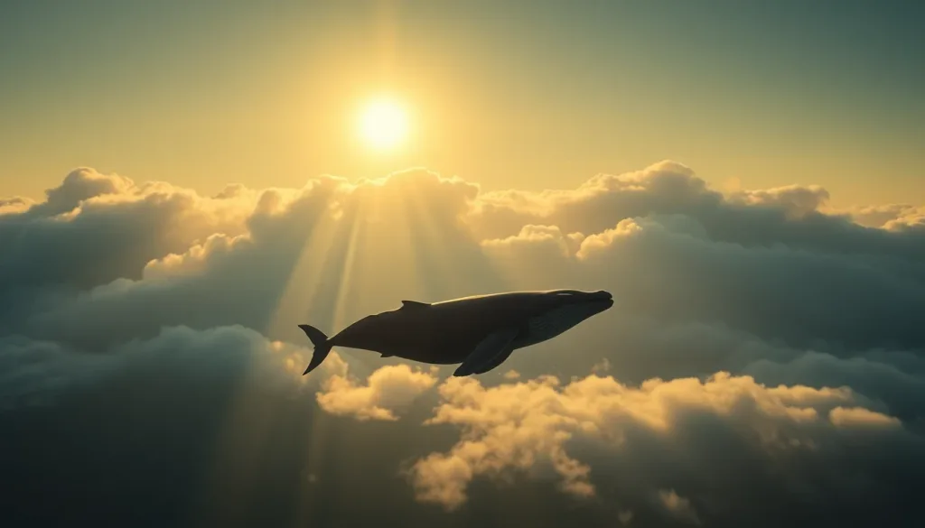 A humpback whale swimming through sunlit clouds above a