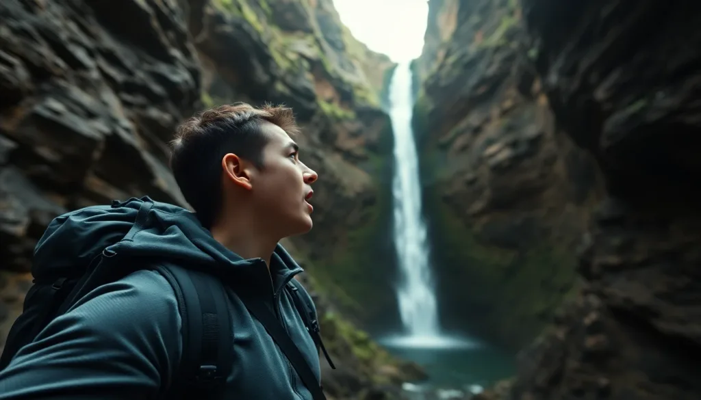 Backpacker gasping at a hidden waterfall canyon
