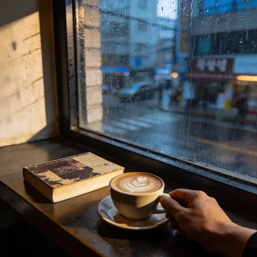 Rainy-day Seoul café window with latte art and a paperback