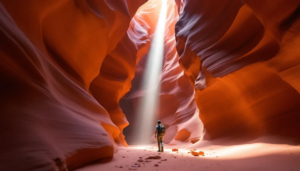 Slot canyon light beam hitting red sandstone waves