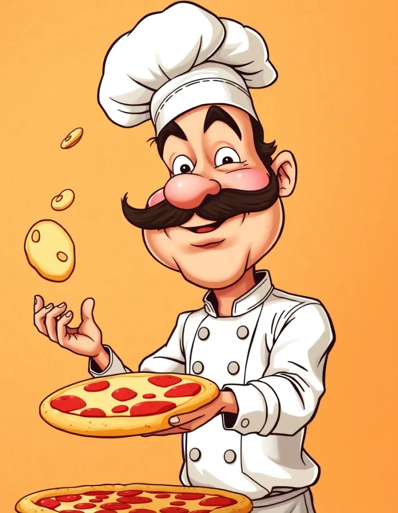 Playful caricature of a mustachioed chef tossing pizza dough