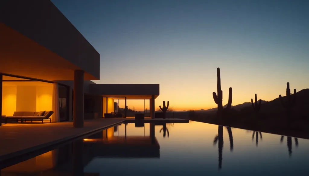 Minimalist desert villa with infinity pool at dusk