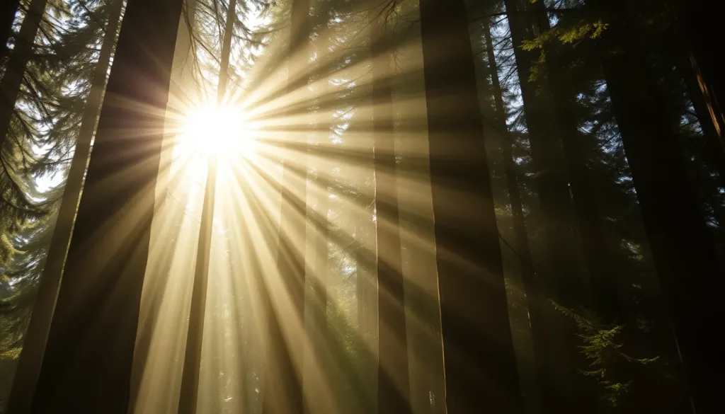 Sunbeams piercing a misty redwood forest