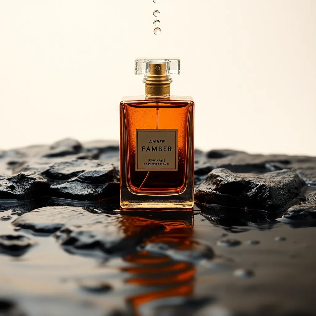 Amber glass perfume bottle on wet black stone