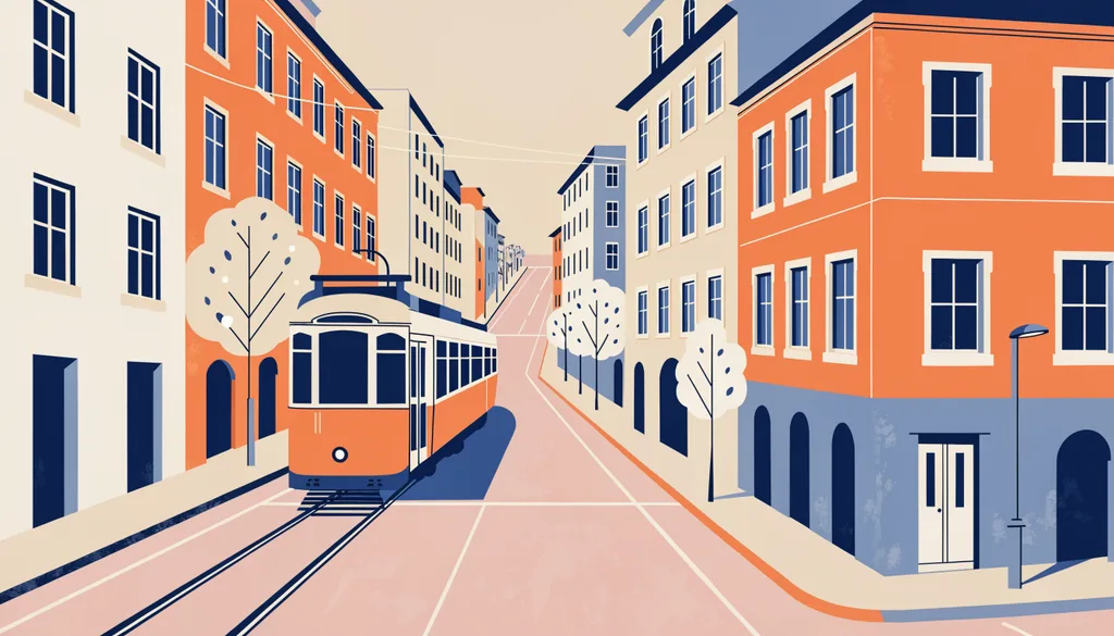 Minimal flat illustration of a Lisbon tram climbing a