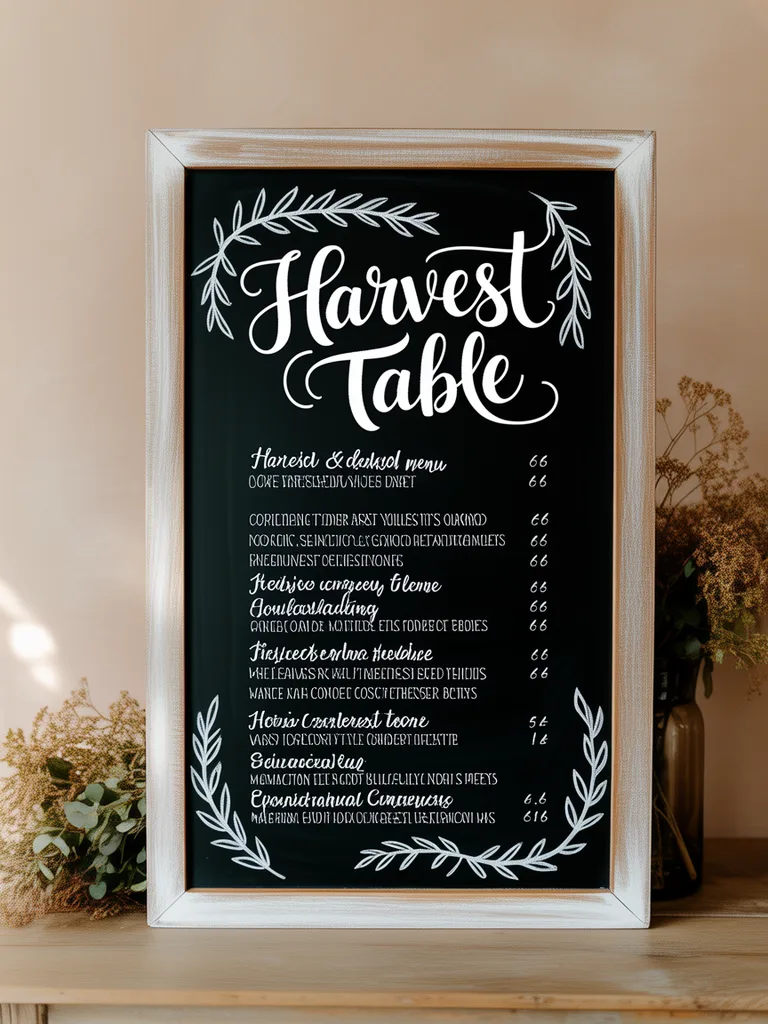 Hand-lettered chalkboard menu titled 'HARVEST TABLE' with