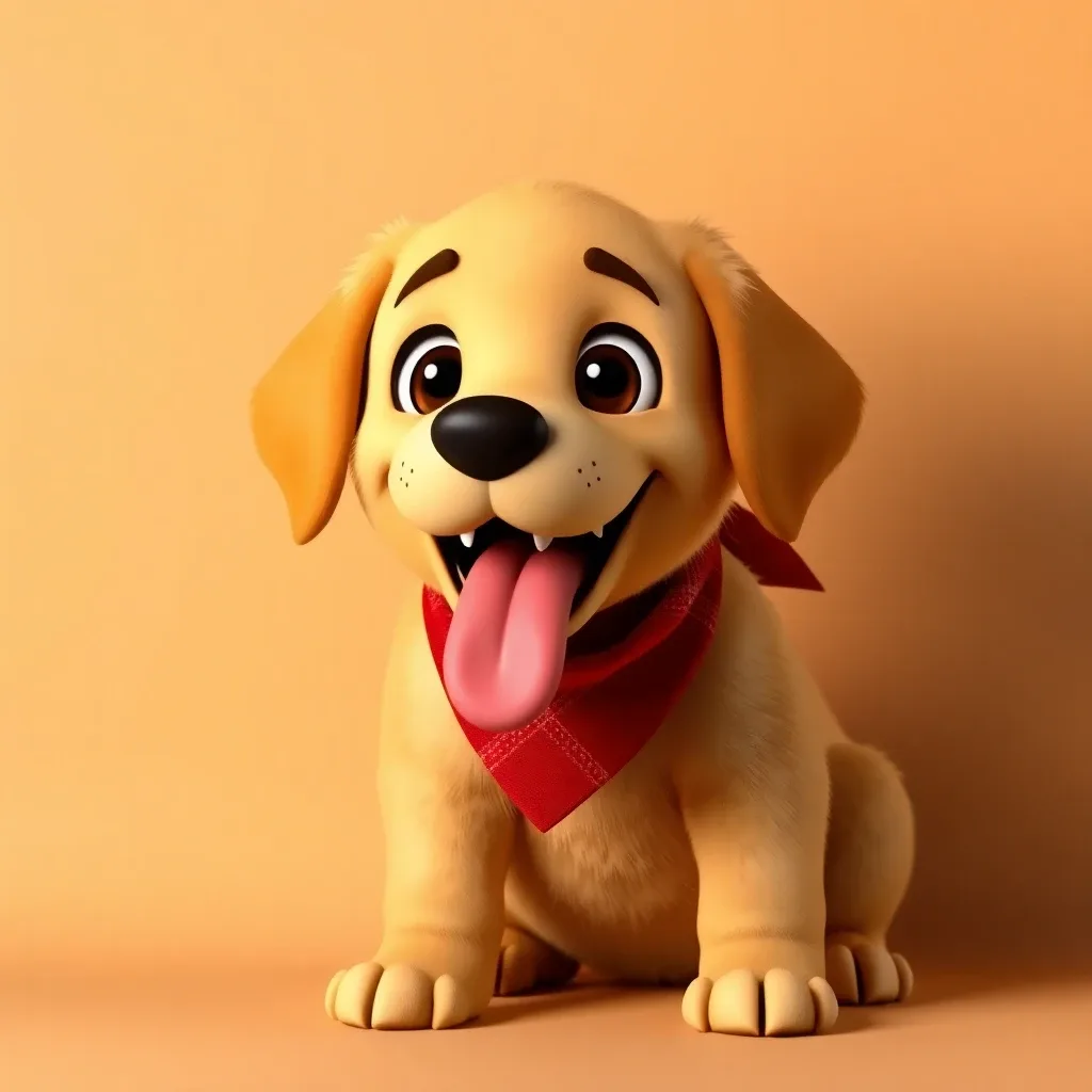 Playful 3D animated golden retriever puppy with a red