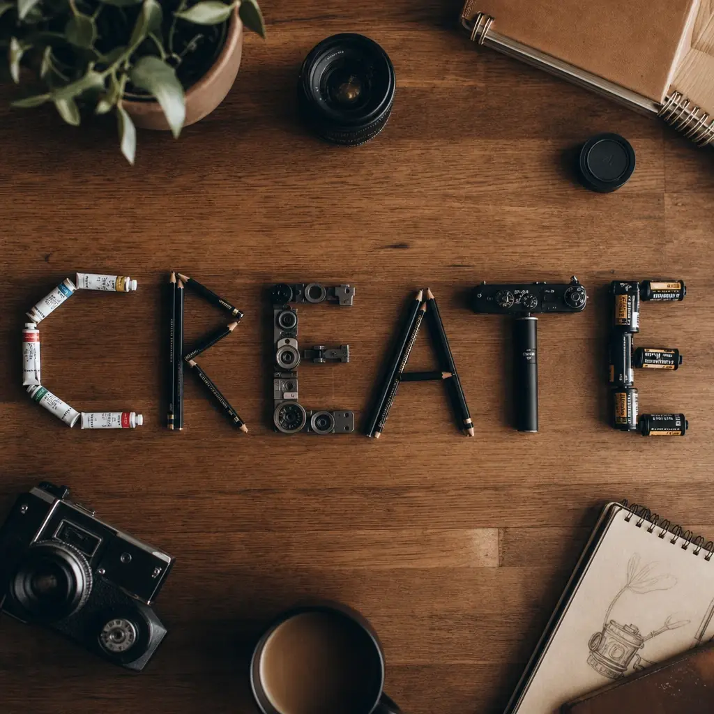 A wooden desk flat-lay that spells the word CREATE using