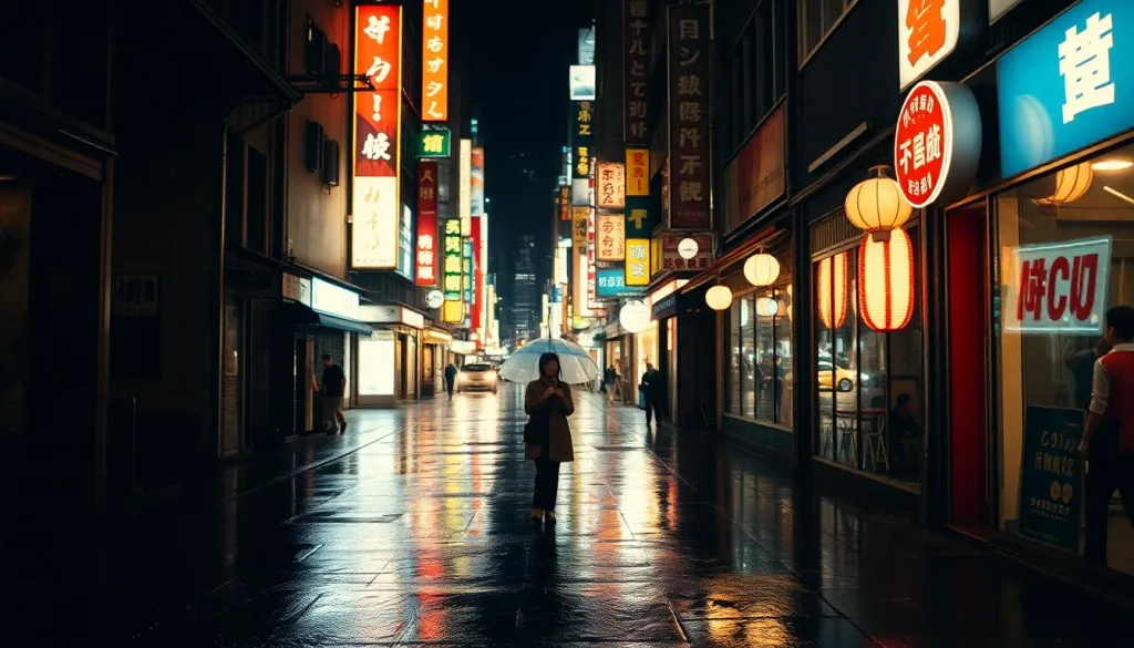 Rain-slicked Tokyo alley at night