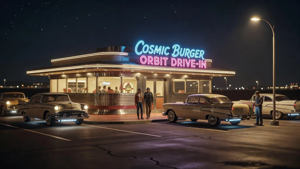 Retro-futuristic roadside diner at night with hovering
