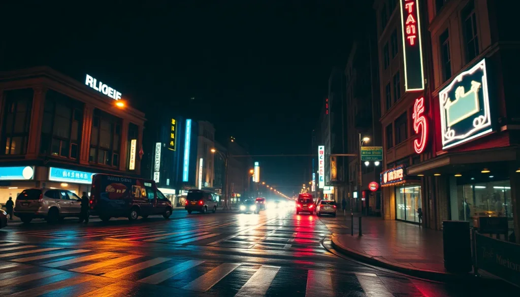 Neon-lit rainy city intersection at night