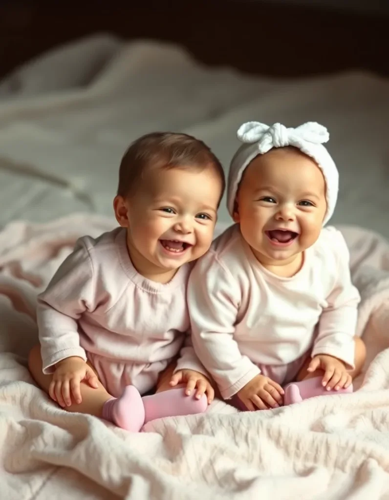 Two giggling baby twins in matching pastel outfits on a