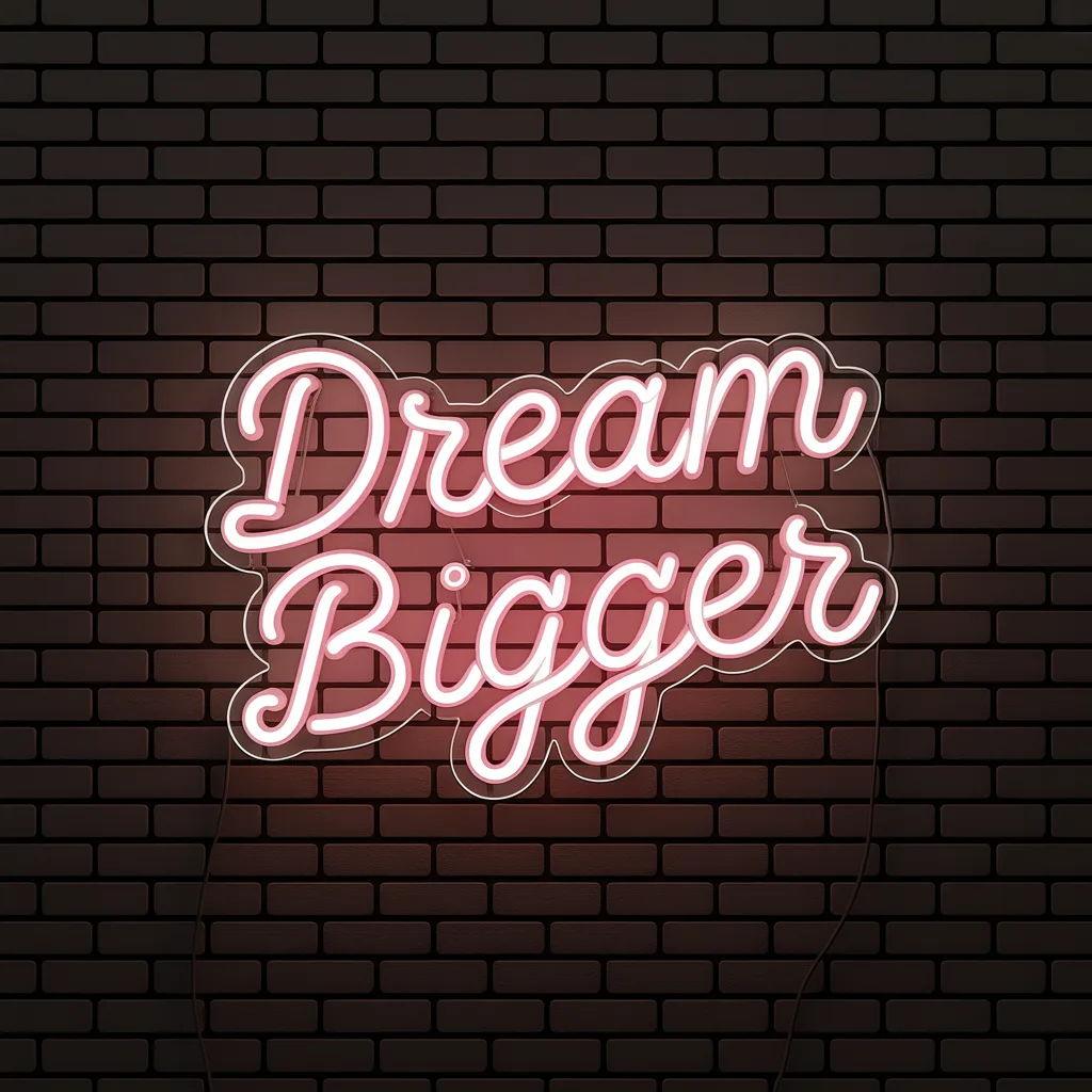 Neon sign reading 'DREAM BIGGER' in flowing cursive on a