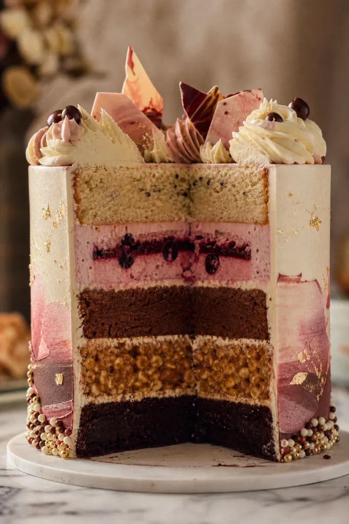 Cross-section of an elaborate five-layer celebration cake