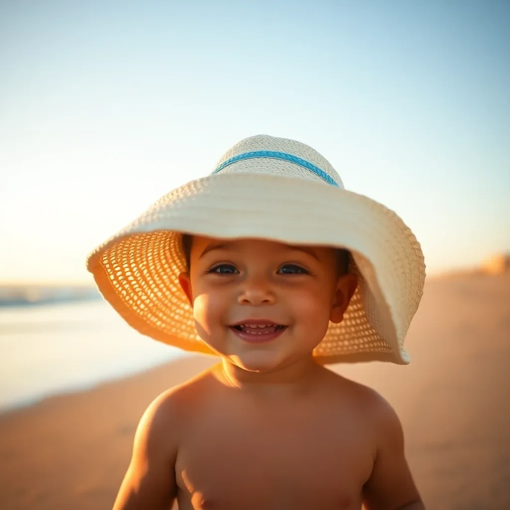 Baby in an oversized sun hat on a beach at golden hour